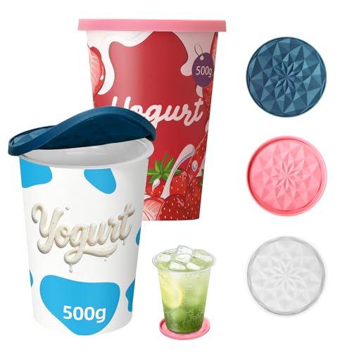 3er-Set Mehrweg Silikon große JoghurtDeckel Reversibel zu Untersetzern Organizer Küche Behälterdeckel passt für Joghurt Joghurtbecher Untersetzer für Gläser