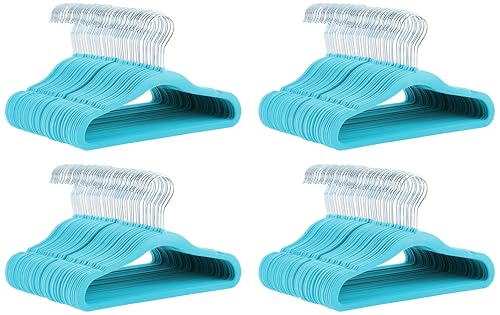 Image of Amazon Basics Kids Velvet, Non-Slip Clothes Hangers for Infant and Toddler, 11.6 inches (for Baby Clothes), 50 Count, Blue (Pack of 4)