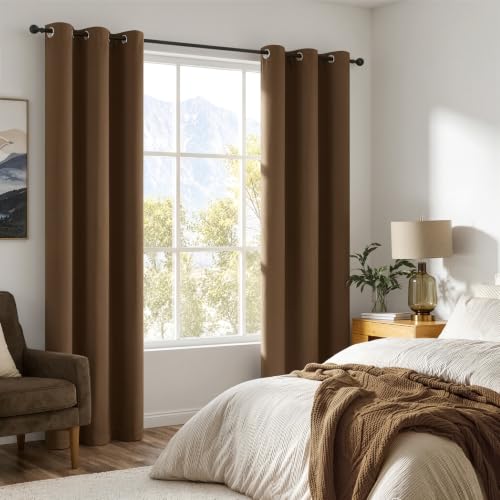 Image of MIULEE Brown 100% Blackout Curtains for Bedroom 96 Inch Long 2 Panels Set | 2 Thick Layers Thermal Insulated Window Curtains with Black Liner, Noise Reducing Grommet, Drapes for Living Room