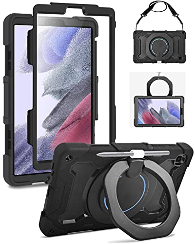 DETUOSI Samsung Galaxy Tab A7 Lite Case 8.7 inch with Screen Protector and Pen Holder, Shockproof Hard Protective Kids Case for Tab A7 Lite 8.7 2021 SM-T220/T225/T227 [Rotatable Stand & Strap], Black