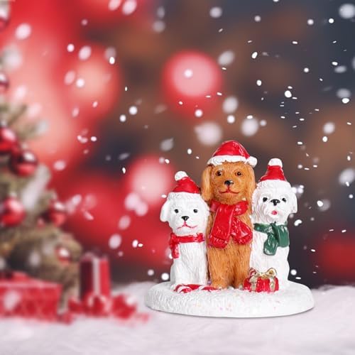 Christmas Village Accessories Three Dogs Ornament with Santa Hat Hand-Painted Resin Xmas Mini Figurine Cute Festive Statue Christmas Decorations Indoor for New Year