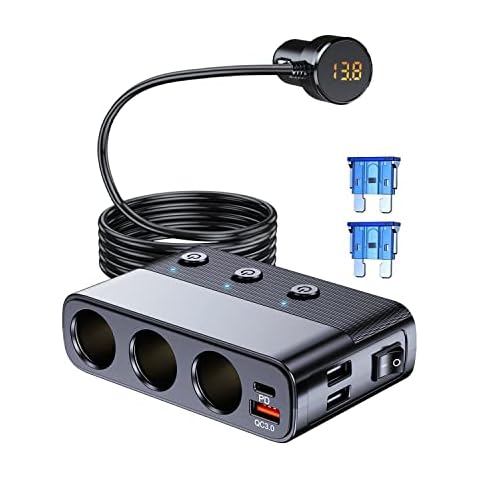 7 in 1 Cigarette Lighter Splitter, LIHAN 3 Socket Car Charger Adapter, Type-C QC3.0 PD 30W Charging, Dual USB Charging Ports, Independent Switches, LED Voltmeter, Plug Outlet 12V/24V(3.3ft Cable) Cover
