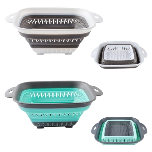 escurridor plegable silicona,escurridor pasta,colador de cocina,coladores plegables para camping(2 piezas Blanco gris + verde claro)