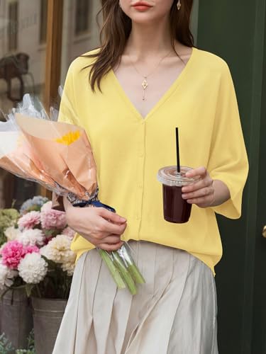Image of Saodimallsu Womens V Neck Half Sleeve Cardigan Sweaters Summer Knit Tops | Oversized Fit, Button Down, Batwing Sleeve, Soft Lightweight Knitted Fabric, Trendy Casual Style, Summer Fall Outfits