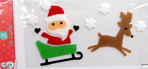 Christmas Gel Window Clings ~Santa in Sleigh with Reindeer & Snowflakes (1 Sheet, 12 Clings)