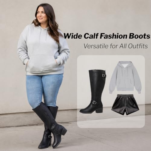 Image of Luoika Women's Extra Wide Calf Heeled Knee High Boots. | Wide Width, Winter Boots, Block Heel, Adjustable Buckle, Round toe