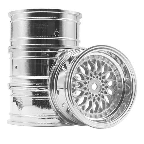 RC Auto Reifen und Räder Set,KINGCOO 4Stück 65mm Gummireifen Kunststoffbeschichtung Rad Felgen 12mm Hex für 1/10 RC On-Road Run-Flating Touring Racing Auto (Silber)