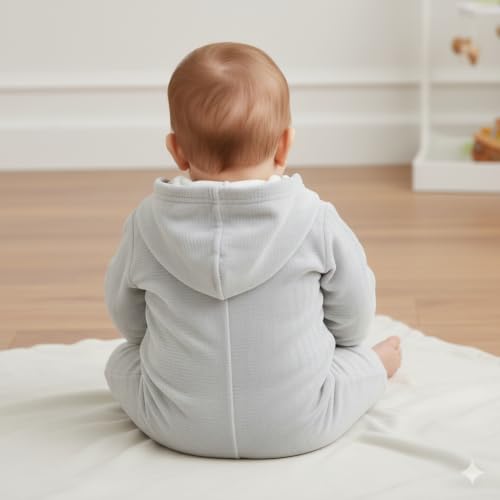 Image of Bold N Elegant Cartoon Bear Warm Winter Fur Wool Full Sleeve Footless Baby Romper with Hood, Front Button Bodysuit for Newborn Infant Baby Boy Girl
