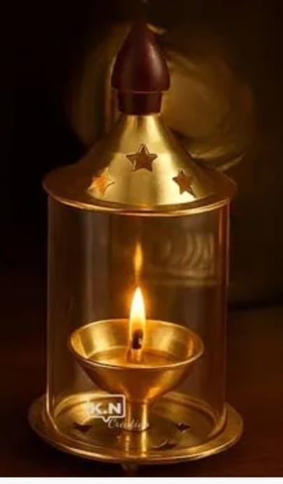 Image of Brass Akhand Diya with Glass Cover 5 Inch Pack of 2 | Golden Decorative Brass Oil Lamp & Tea Light Holder | Cylindrical Lantern for Durga Pooja, Navratri, Temple, Festive & Home Dcor