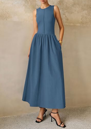 Image of PRETTYGARDEN Maxi Dresses for Women 2026 Summer Casual Sleeveless Patchwork Flowy Vacation Sundress Knit Long Work Tank Dress