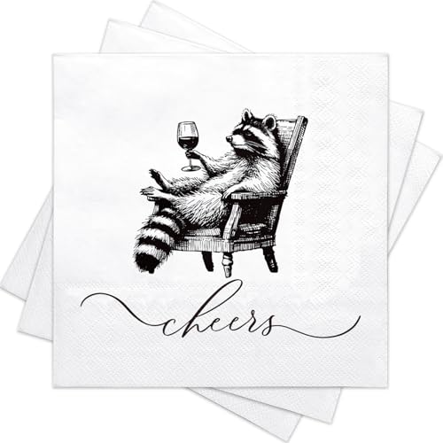 RUSPEPA 50 Pcs Funny Raccoon Paper Napkins, Black 'Cheers' Wine Glass Raccoon Design, Vintage Sketch...