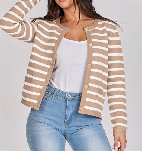 Women's Striped Cardigan Sweater Open Front Gold Button Down Cropped Knit Long Sleeve Crewneck Lady Jackets Coat2
