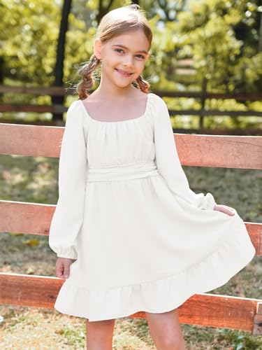 Batermoon Girls Long Sleeve Tie Back Dress Kids Fall Square Neck A-Line Mini Dresses 5-14 Years2