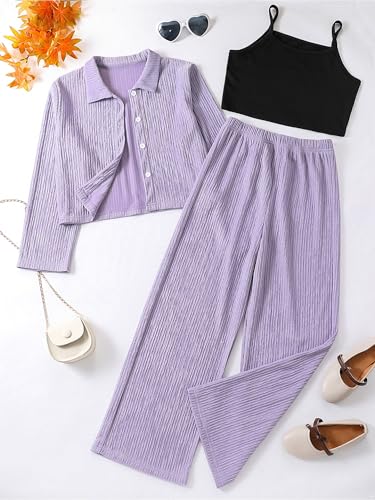 Kids Girls 3 Piece Sports Set Long Sleeve Button Down Top Camisole Cropped Vest and Pants Set2