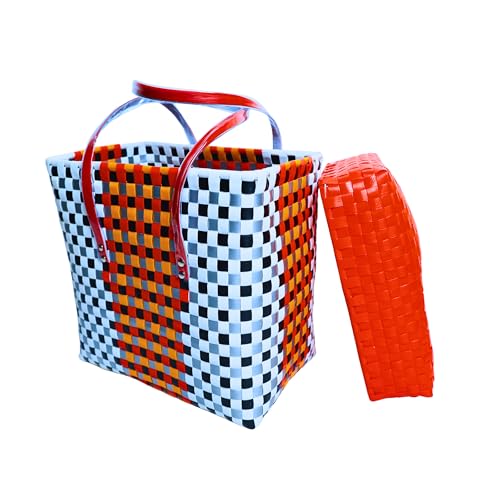 Image of Hand Made Multipurpose Plastic Basket with Lid | Eco-Friendly, Washable, Rust-Free Storage Basket for Kitchen, Picnic, Toys, Travel, Office | Lightweight basket (Red with Light blue, Small)