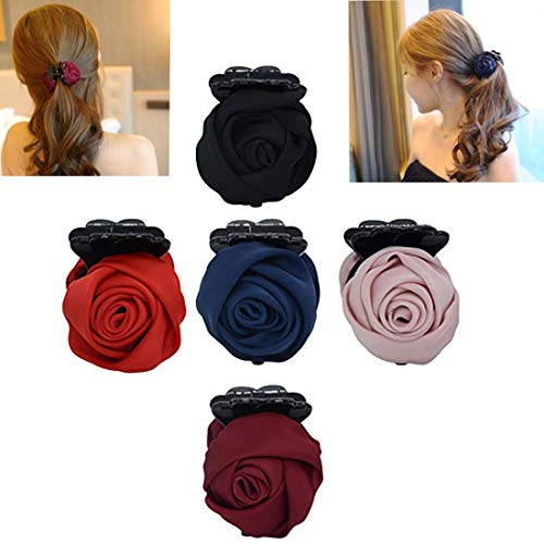 Set of 5 Fashion Pure Colour Rose Bow Flowers Plastic Claw Jaw Hair Clip,Ponytail Holder for Women Lady Girls (5 Colors)