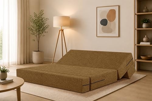 Image of Four Seater Sofa Cum Bed Jute Fabric 6 X 6 Ft| Space Saving Foldable Sofa Bed for Living Room & Guest Room | Comfortable Multi-Functional Furniture - Golden