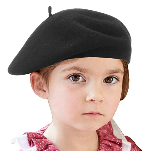 Wheebo Berets for Kids Wool French Beret Hats Artist Painter Hats for Kids Solid Color Style(Black)