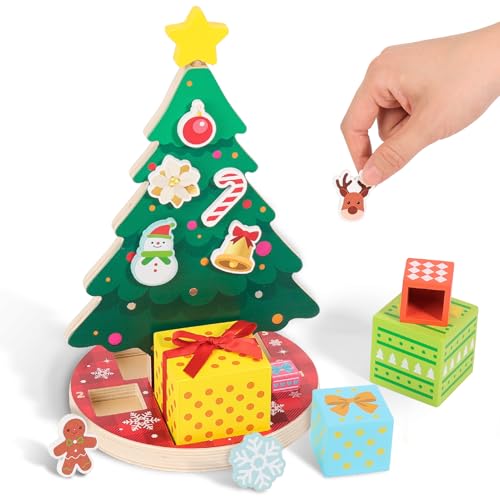 Woodtoe Magnetic Christmas Tree Toy for Toddlers, Montessori Toys for 3 4 5 6 Year Old, Wooden Color Sorting & Stacking Toys, Fine Motor Skills Sensory Toys, Christmas Decorations STEM Gifts for Kids