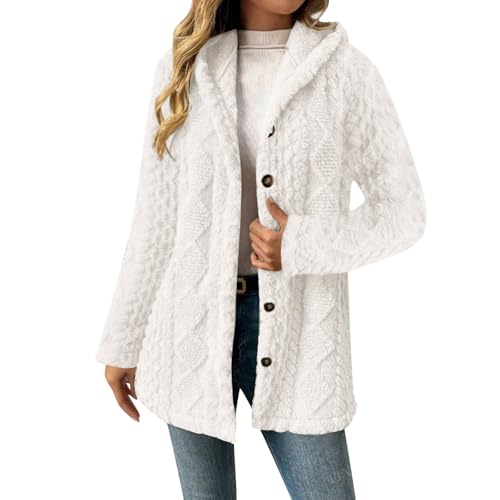 Lovraj Abrigo largo de peluche para mujer, abrigo de invierno suave, abrigo de peluche, cálido, con capucha, chaqueta de invierno con capucha, Blanco, S