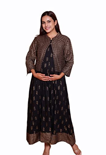 Image of Rayon Printed Maternity Wear Gown Having Conceled Zip for Feeding with Jacket