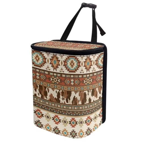 Image of Talayituse Aztec Tribe Brown Cow Print Car Trash Can with Lid, Leak Proof Auto Trash Bag Hanging Vehicle Garbage Can Multipurpose Storage Container for Back Seat Road Trip