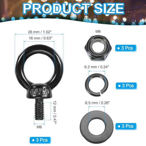 Image of PATIKIL M6x12mm Lifting Shoulder Eye Bolt, 3Pcs 304 Stainless Steel Lifting Ring Threaded Eyebolt with Hex Lock Nut /Lock Washer /Flat Washer for Hanging Hammocks Articles, Black