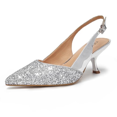 Slingback Kitten Heels for Women Closed Pointed Toe Low Heel Pumps Glitter Sparkly Rhinestone Heels Silver 7.5