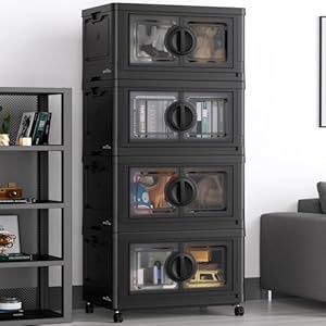 V9 112gal storage bins with lids stackable collapsible storage bins with wheels closet organizers and storage folding plastic cabinet with doors for home office garage 4pack black  urban country home decor