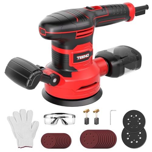 TEENO Lijadora Orbital 450W, 6 Velocidades, 13000 RPM, Ø125/150mm, 20 Discos Abrasivos, Recogida de Polvo, Cable 2m – Con Gafas y Guantes – Para Madera, Metal, Plástico