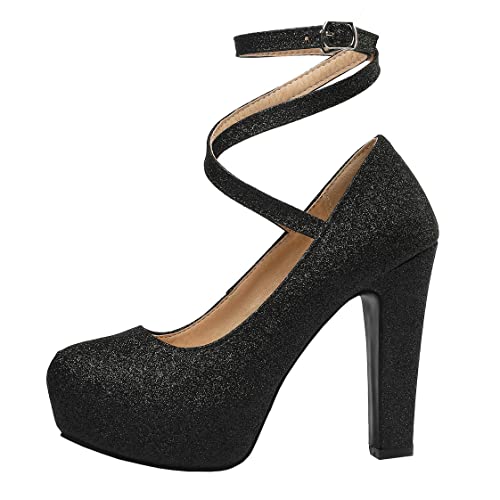 BEAUPAS Women's Glitter Mary Jane Shoes Chunky Ankle Strap High Heels Platform Block Heels Pumps Sequin Round Toe Pump2