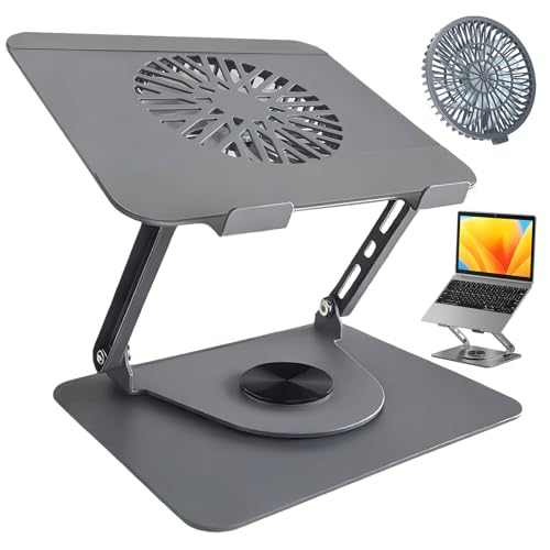 BeSokar Soporte de aluminio para ordenador portátil, giratorio 360°, plegable, con ventilador magnético para refrigeración, compatible con MacBook y dispositivos de 10 a 17,3 pulgadas (gris oscuro)