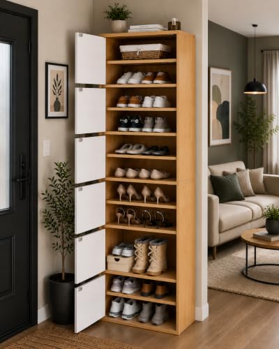 Image of EXVITO Modern Tall Shoe Cabinet, Wooden Flip Door Shoe Storage Cabinet, 6-Door Narrow Entryway Shoe Organizer with Multi-Tier Shelves, Space Saving Shoe Rack for Hallway, Apartment & Home - Maple