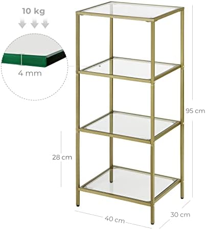 VASAGLE Bathroom Storage Shelf, Tempered Glass Storage Rack, 4-Tier Storage Unit, Sturdy, Easy to Assemble, for Living Room, Bedroom, Office, Golden LGT28G