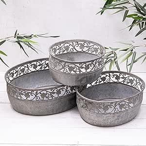 Metal Decorative Lattice Oval Bowl Garden Galvanised Flower Pot Planters (Large)