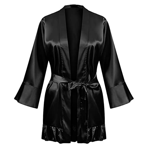 Albornoz de satén para mujer, ligero y corto, kimono de 3 4, con mangas de 3 4, albornoz para sauna, abrigo corto, bata de satén, vestido de playa, ropa de noche sexy con ropa interior, pijama para