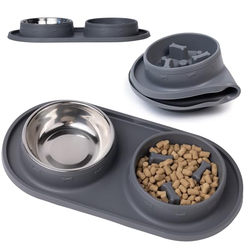 MalsiPree Cat & Dog Slow Feeder Bowl – Improve Digestion – Stainless Steel Water Bowl & Anti-Spill Silicone Mat – for Small & Medium Breeds – 15 oz - Puppy Slow Feeder