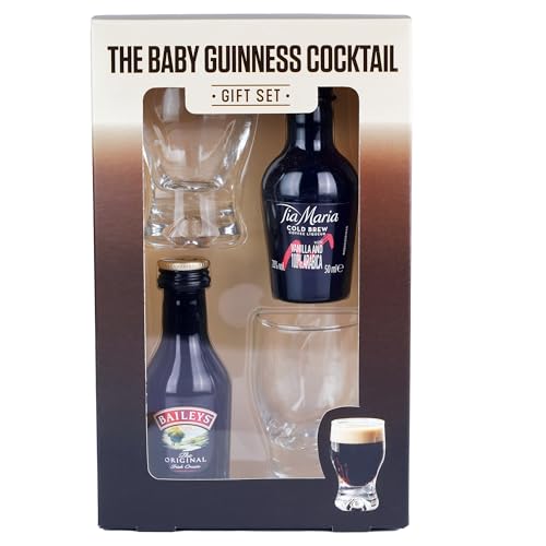 Baby Guinness Gift Set including Tia Maria Cold Brew 5cl and Baileys 5cl and Two Shot Glasses. Perfect for Christmas and Birthdays. Premium Packaging by Blue Tree Gifts