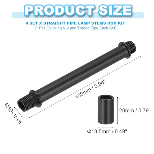 Image of PATIKIL Straight Pipe Lamp Stems Rod Kit, 4Set M10 Carbon Steel 100mm(3.94 inch) Long Double End Thread Rod with Coupling Nuts Sleeve Connector for Table Lamps Chandeliers, Black