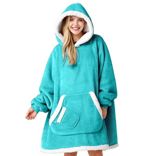 Image of Giggling Getup Wearable Blanket Hoodie for Women Men Gifts for Women Mom Wife Sherpa Fleece Hooded Blanket Sweatshirt Warm Cozy Sherpa Wearable Throw with Pocket & Sleeves for Adult Standard Aqua