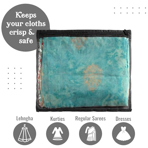 Image of Kuber Industries Non-Woven Foldable Saree Covers With Zip| Single Saree Storage Bags |Clothes Organiser For Wardrobe |Transparent Top With Premium Zipper|Pack Of 12 (Black)