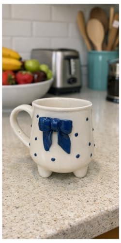 Image of Ceramic Blue Bow Cup with Legs | Cute Designer Coffee Mug | Handcrafted Aesthetic Tea Cup | Microwave & Dishwasher Safe | Unique Gift Mug for Girls & Special Occasions