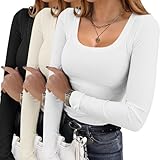 Picture of Ekouaer Womens 3 Pack Long Sleeve Shirts Square Neck Basic Ribbed Tops Tee Thermal Undershirts Black/White/Beige Large