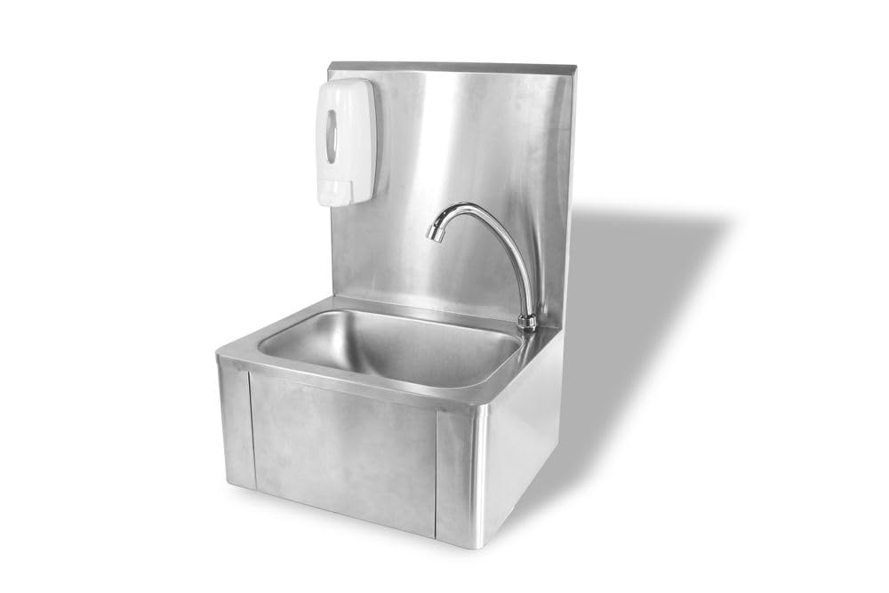 Hendi Lavandino Da Cucina Con Rubinetto A Ginocchio, Lavello Igienico Con Miscelatore Acqua Calda/Fredda E Dispenser Di Sapone, Scarico Ø50Mm, 400X330X(H)560Mm, Acciaio Inox-image