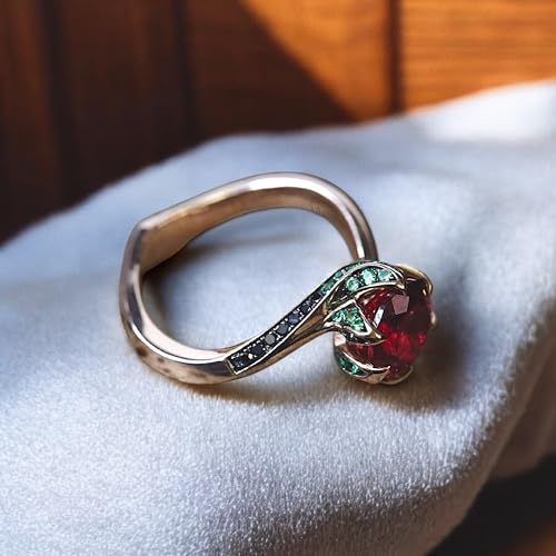 Gothic Red Garnet and Emerald Accent Ring – 14K Rose Gold Black Diamond Claw Engagement or Statement Ring – Unique Dragon-Inspired Fantasy Jewelry for Women2