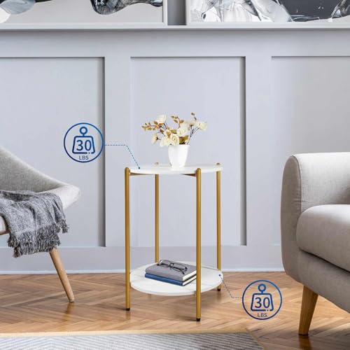 Image of Round End Table 2-Tier Side End Table with White Marble Top,Bedside Table for Living Room or Bedroom, Modern Accent Table with Metal Frame (Gold & White)