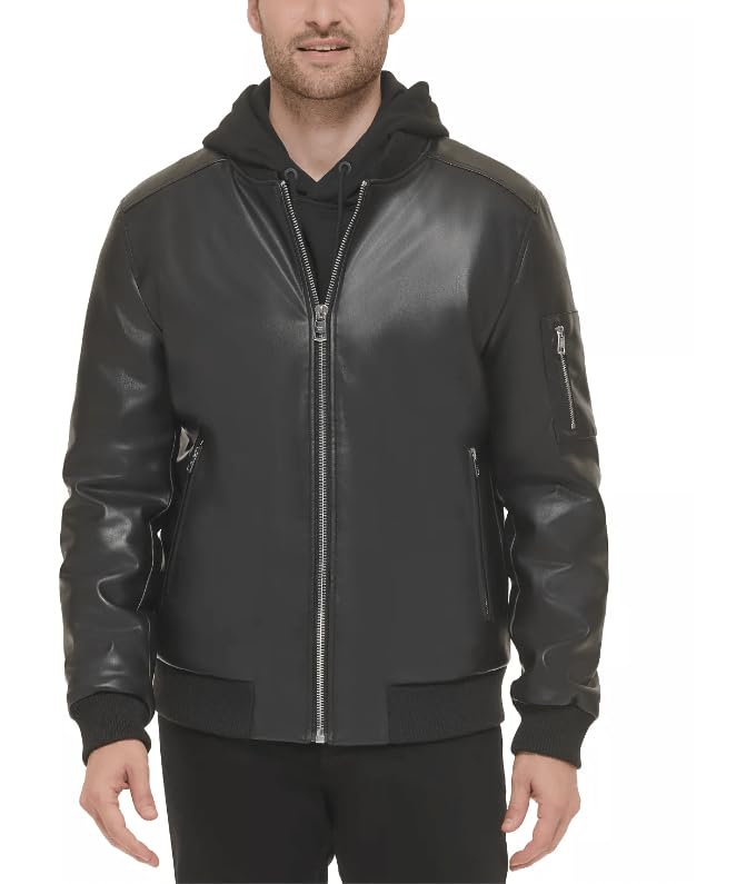 Calvin Klein Mens Faux Leather Bomber Jacket Black M4