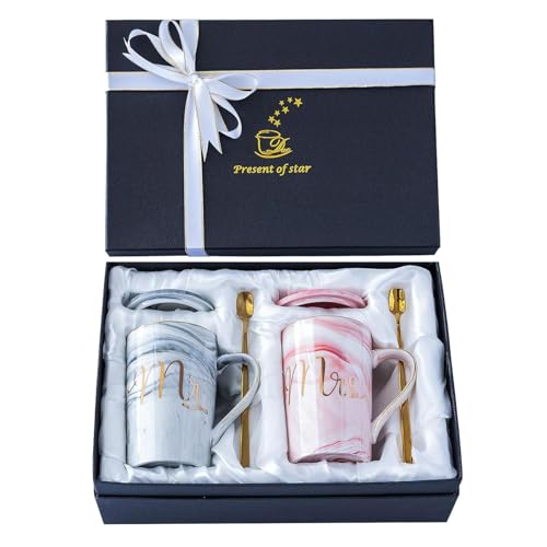SHOPPOFOBIX Ceramic Marble Finish Coffee Mug with Lid & Spoon for Anniversary Wedding Engagement Valentine Gifts for Couple Teachers Women Men Husband Wife with Gift Box (Long MR & MRS Mug)