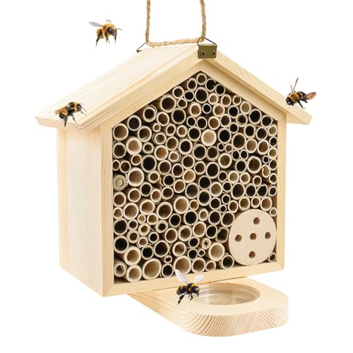 Mason Bee House with Feeding Trays - Natural Pine Wood Hanging Bee Hive Insect Hotel for Garden Backyard Outdoor Garden Decoration Attracts Bees Butterflies Ladybugs Pollinators