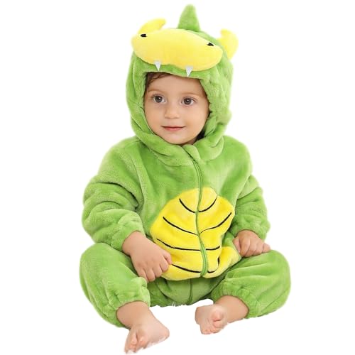 HAHASHOW Baby Winter Hooded Romper Jumpsuit, Unisex kids Flannel Romper, Halloween Toddler Cartoon Animal Onesie 30-36 Months,Dinosaur